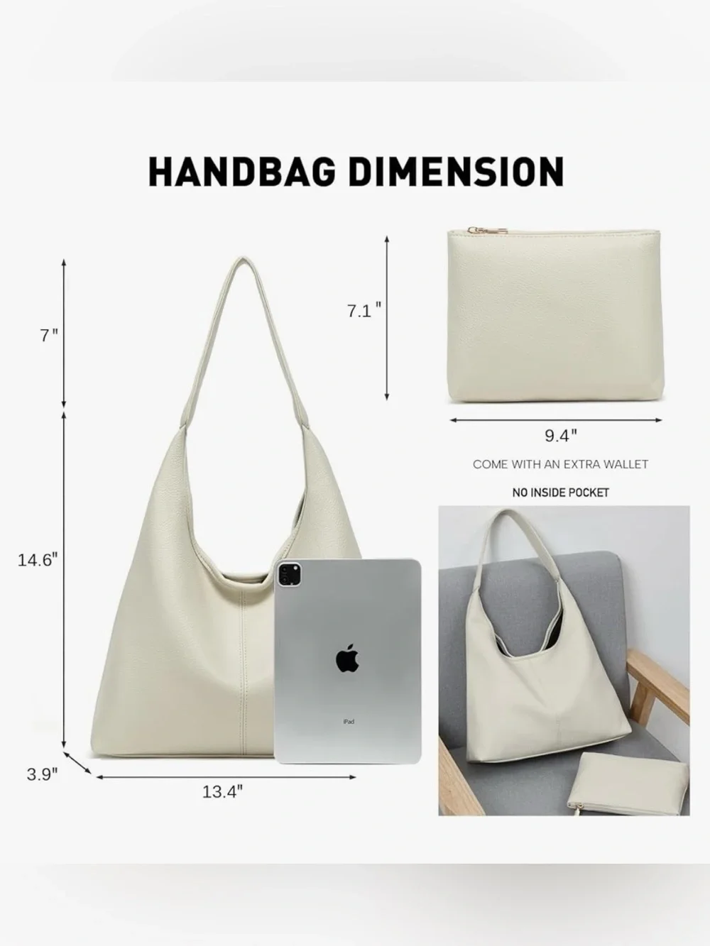 NWT Cream Ivory Slouchy Hobo Shoulder Bag & Matching Pouch Vegan Leather